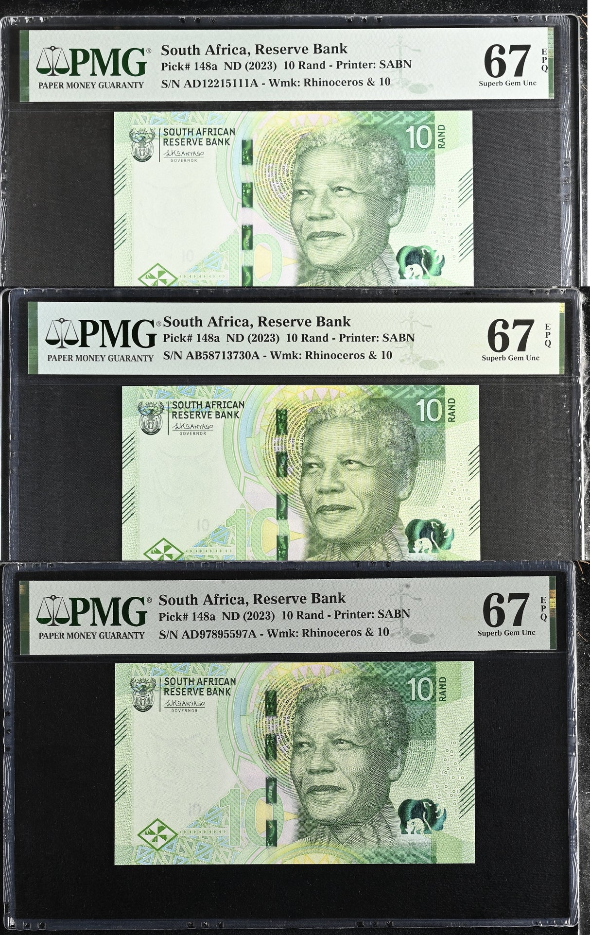 South Africa LOT 3; 10 Rand ND 2023 P 148 a Superb Gem UNC PMG 67 EPQ
