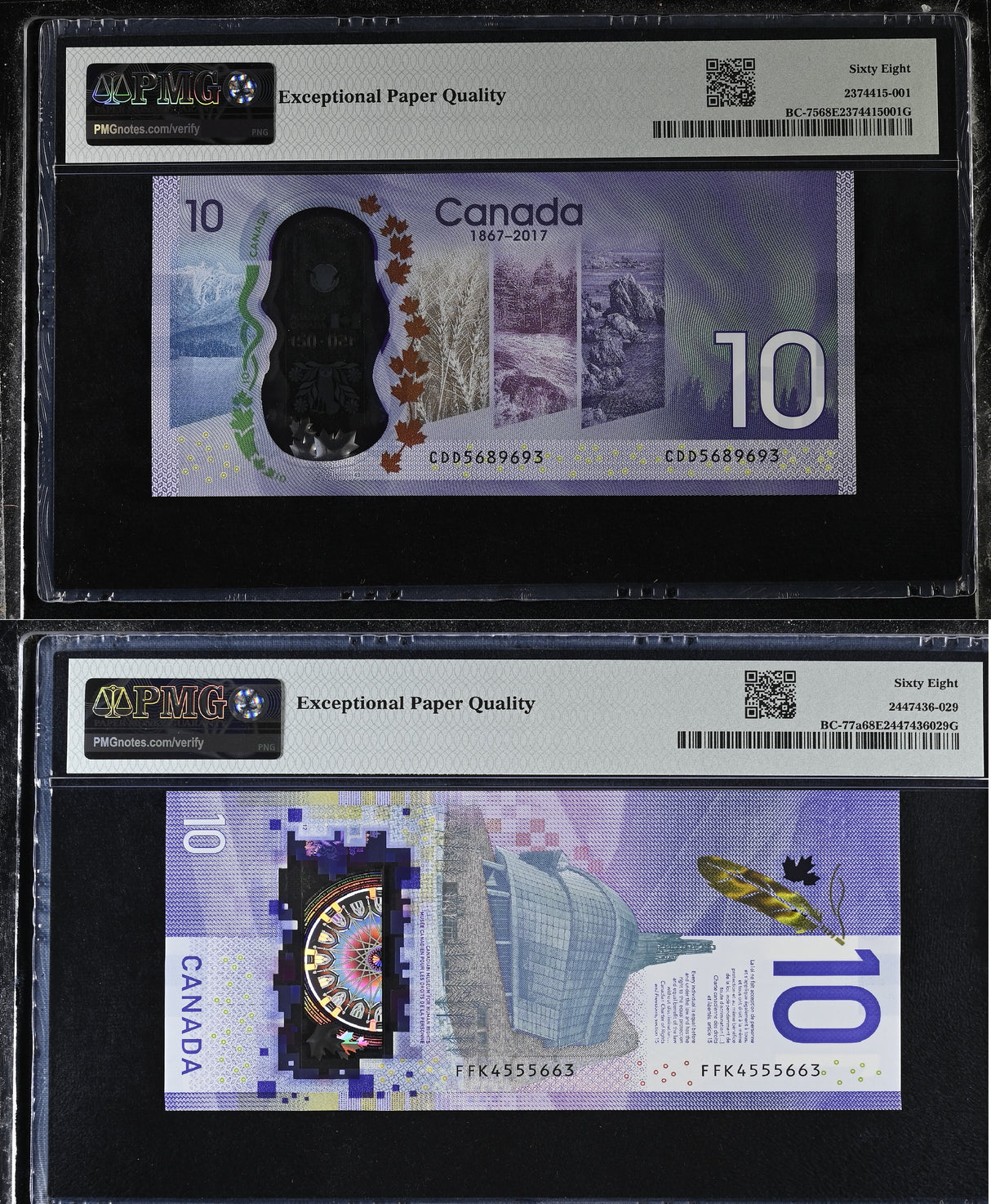 Canada Set 2; 10 Dollars 2017 - 2018 P 112 P 113 Superb Gem UNC PMG 68 EPQ