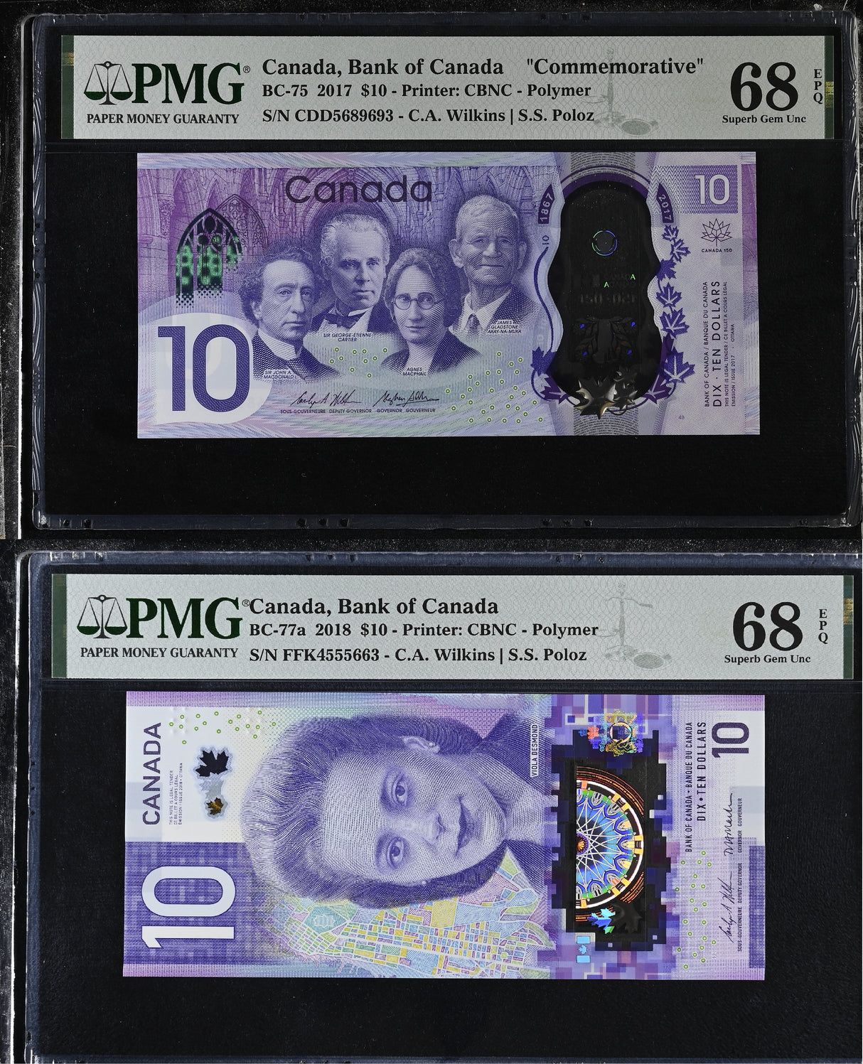 Canada Set 2; 10 Dollars 2017 - 2018 P 112 P 113 Superb Gem UNC PMG 68 EPQ