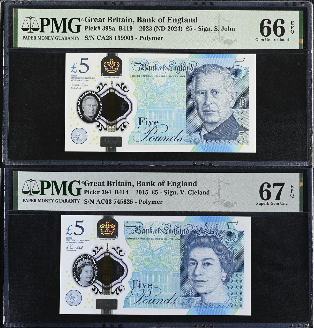 Great Britain Set 2; 5 Pounds 2015-2024 P 394 P 398 Superb Gem UNC PMG 66 67 EPQ