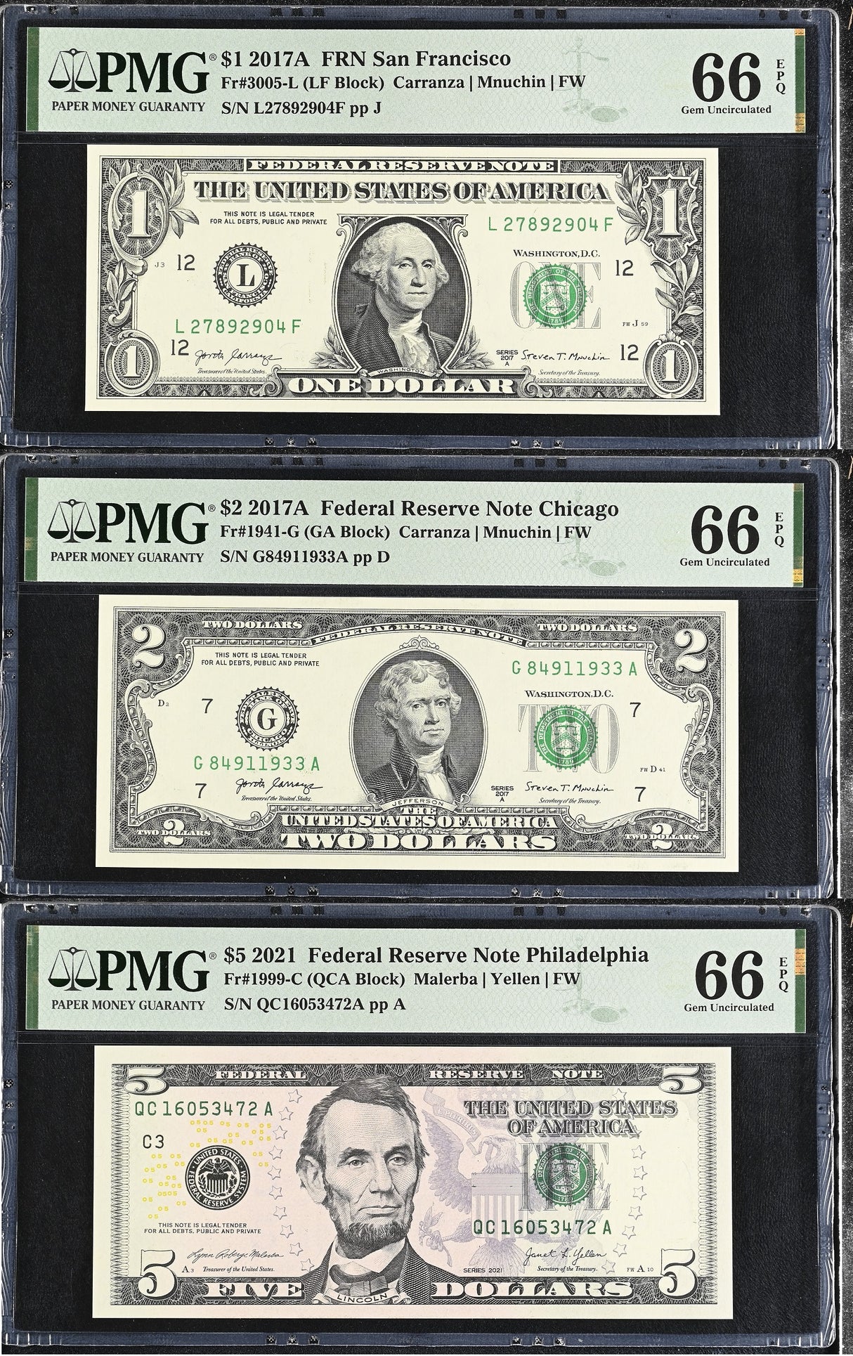 United States SET 3,1 2 5 Dollar USA Mixed States Gem UNC PMG 66 EPQ