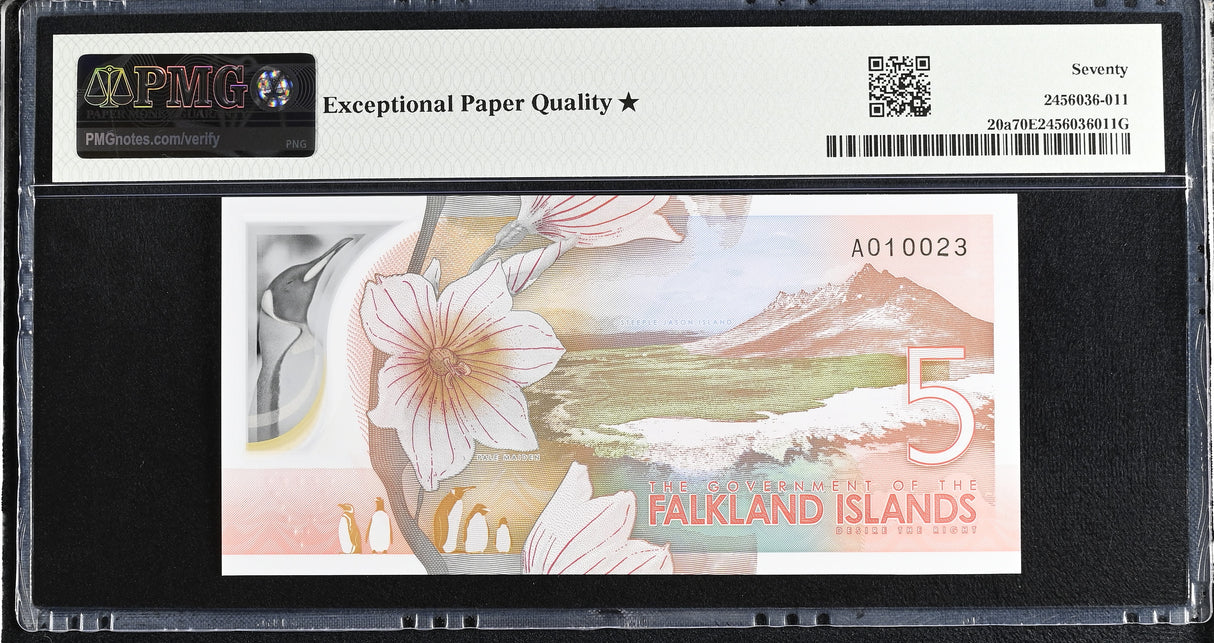 Falkland Islands 5 Pounds 2025 P 20 a Superb Gem UNC PMG 70 EPQ Extra Star TOP