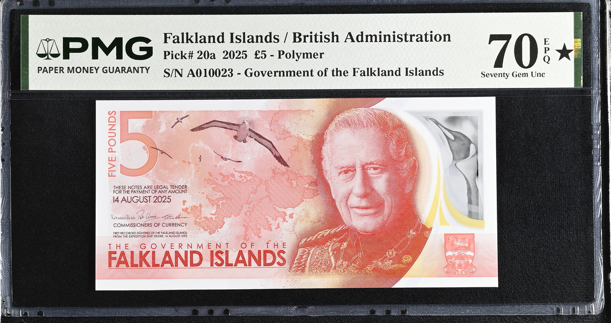 Falkland Islands 5 Pounds 2025 P 20 a Superb Gem UNC PMG 70 EPQ Extra Star TOP