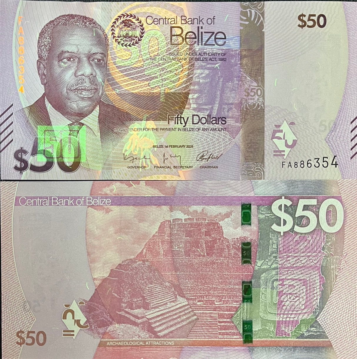 Belize set 6 UNC 2 5 10 20 50 100 Dollars 2025 P 73 74 75 76 77 78 NEW