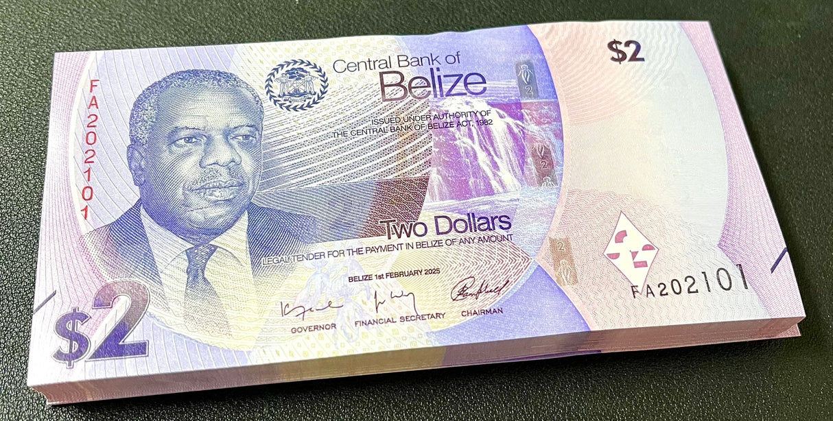 Belize 2 Dollars 2025 P 73 NEW Design UNC LOT 100 Pcs 1 BUNDLE