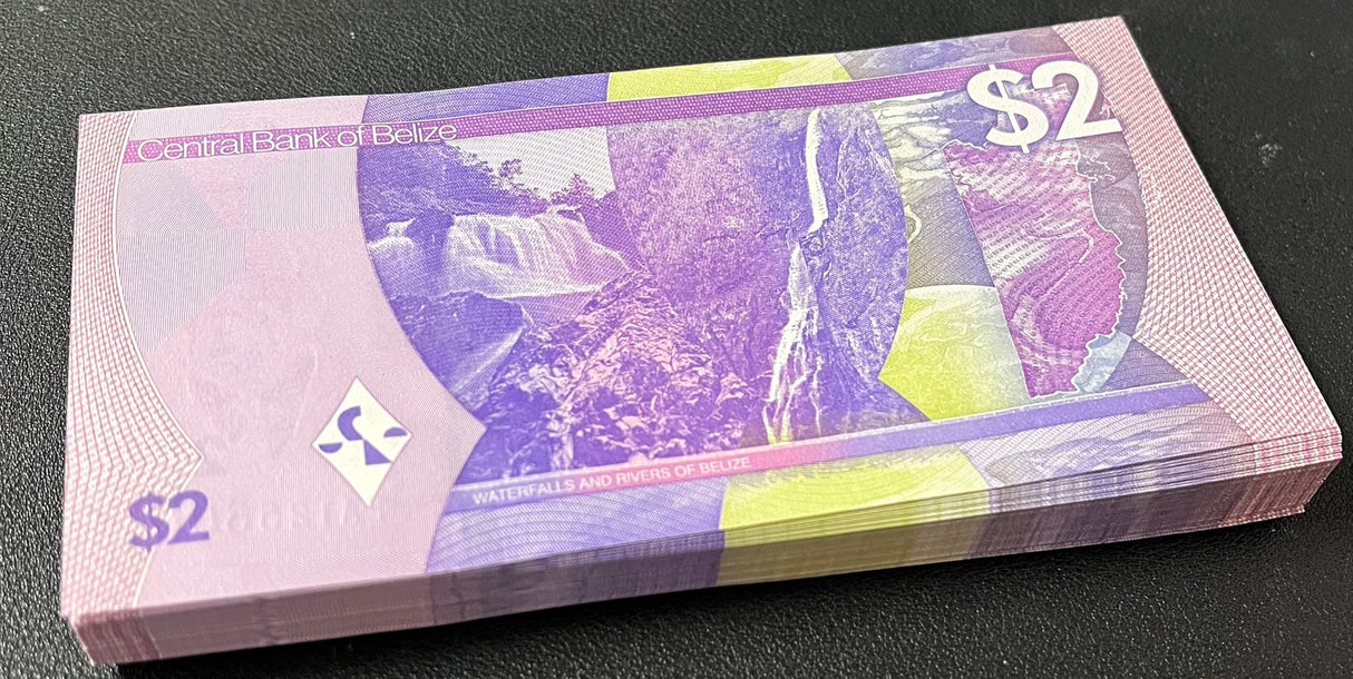 Belize 2 Dollars 2025 P 73 NEW Design UNC LOT 100 Pcs 1 BUNDLE