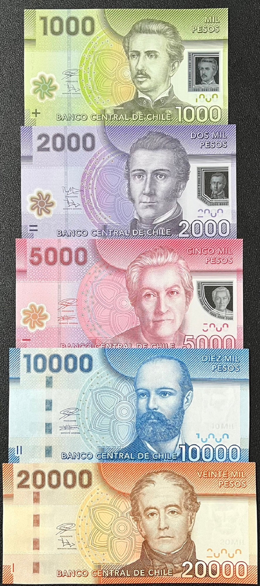 Chile Set 5 UNC 1000 2000 5000 10000 20000 Peso 2014-2021 P 161 162 163 164 165