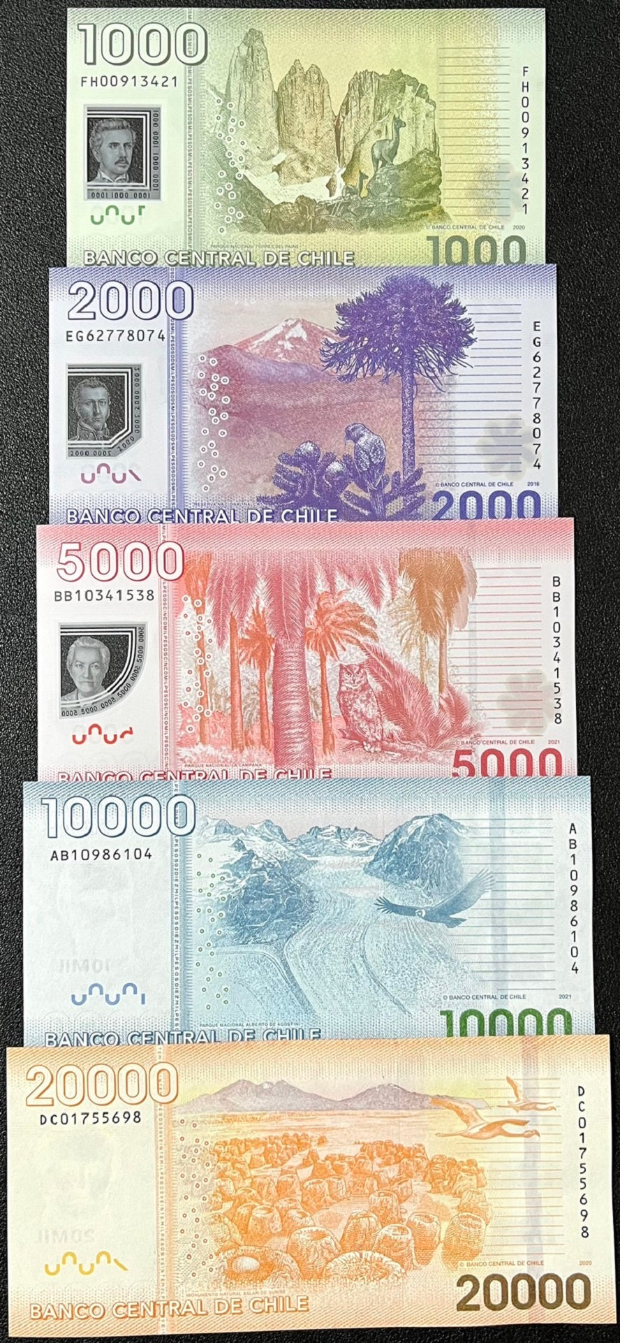 Chile Set 5 UNC 1000 2000 5000 10000 20000 Peso 2014-2021 P 161 162 163 164 165
