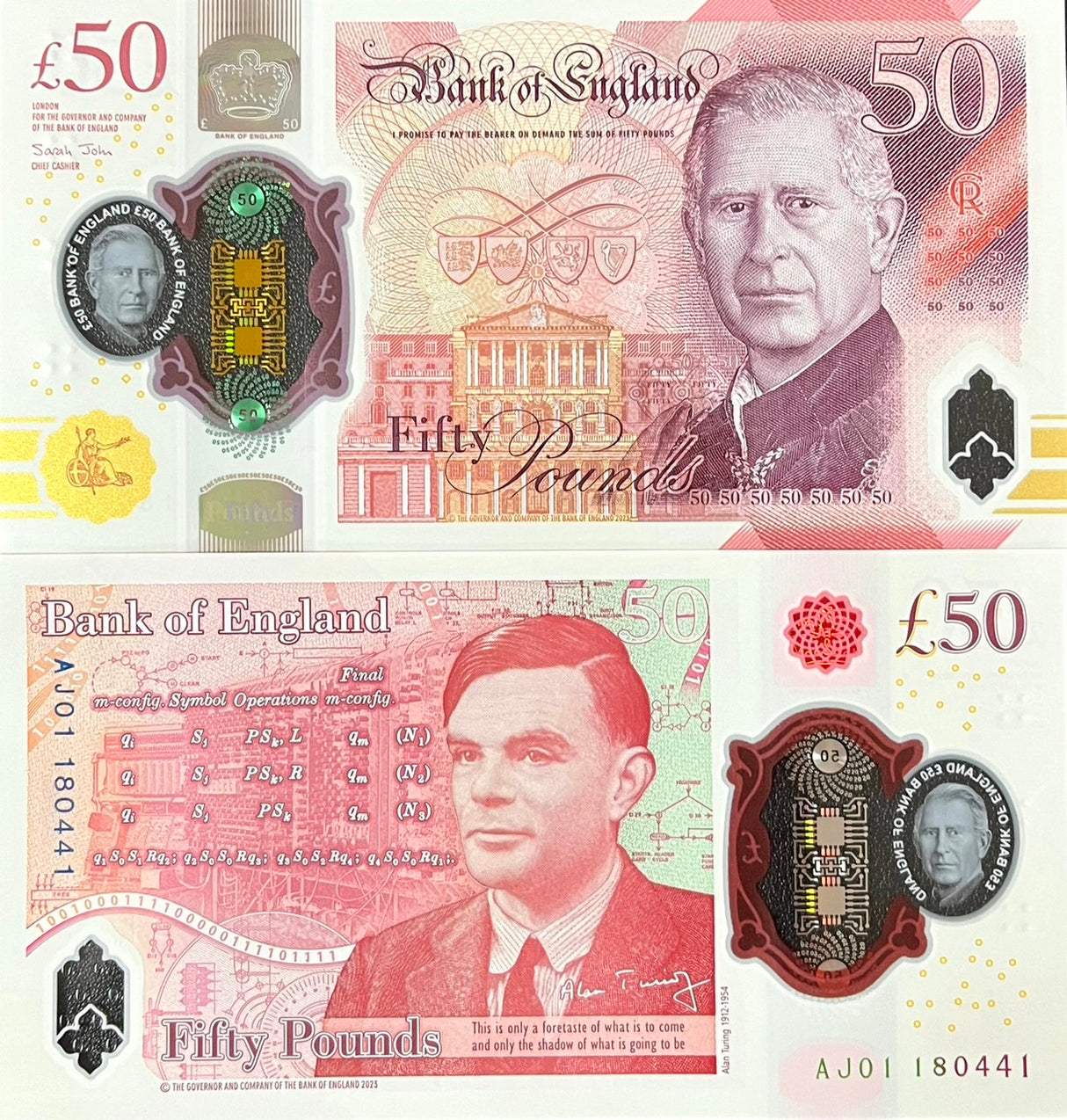 First Prefix Great Britain 50 Pounds 2023 2024 P 401 UK AJ01 Charles Polymer UNC