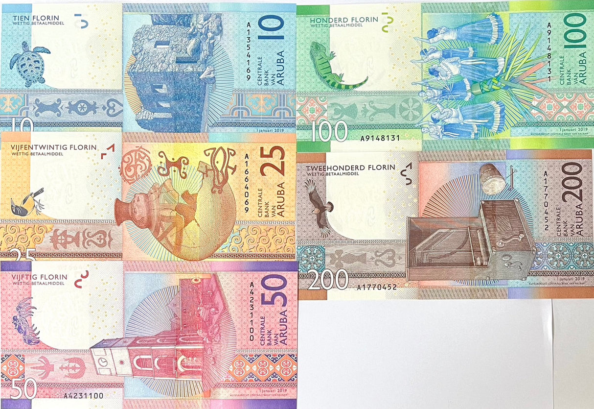 Aruba Set 5 PCS 10 25 50 100 200 Florin 2019 P 21 22 23 24 25 UNC
