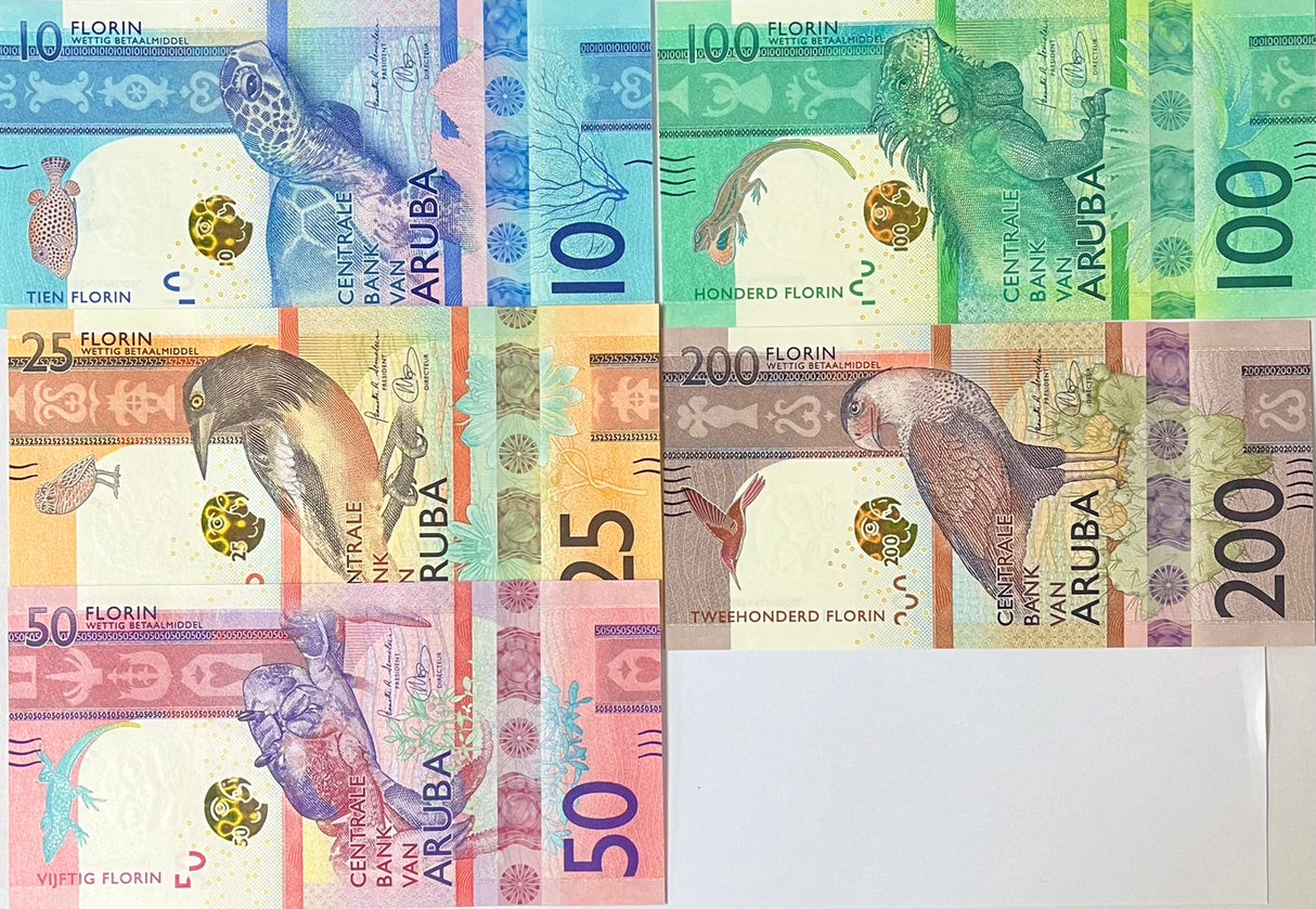 Aruba Set 5 PCS 10 25 50 100 200 Florin 2019 P 21 22 23 24 25 UNC