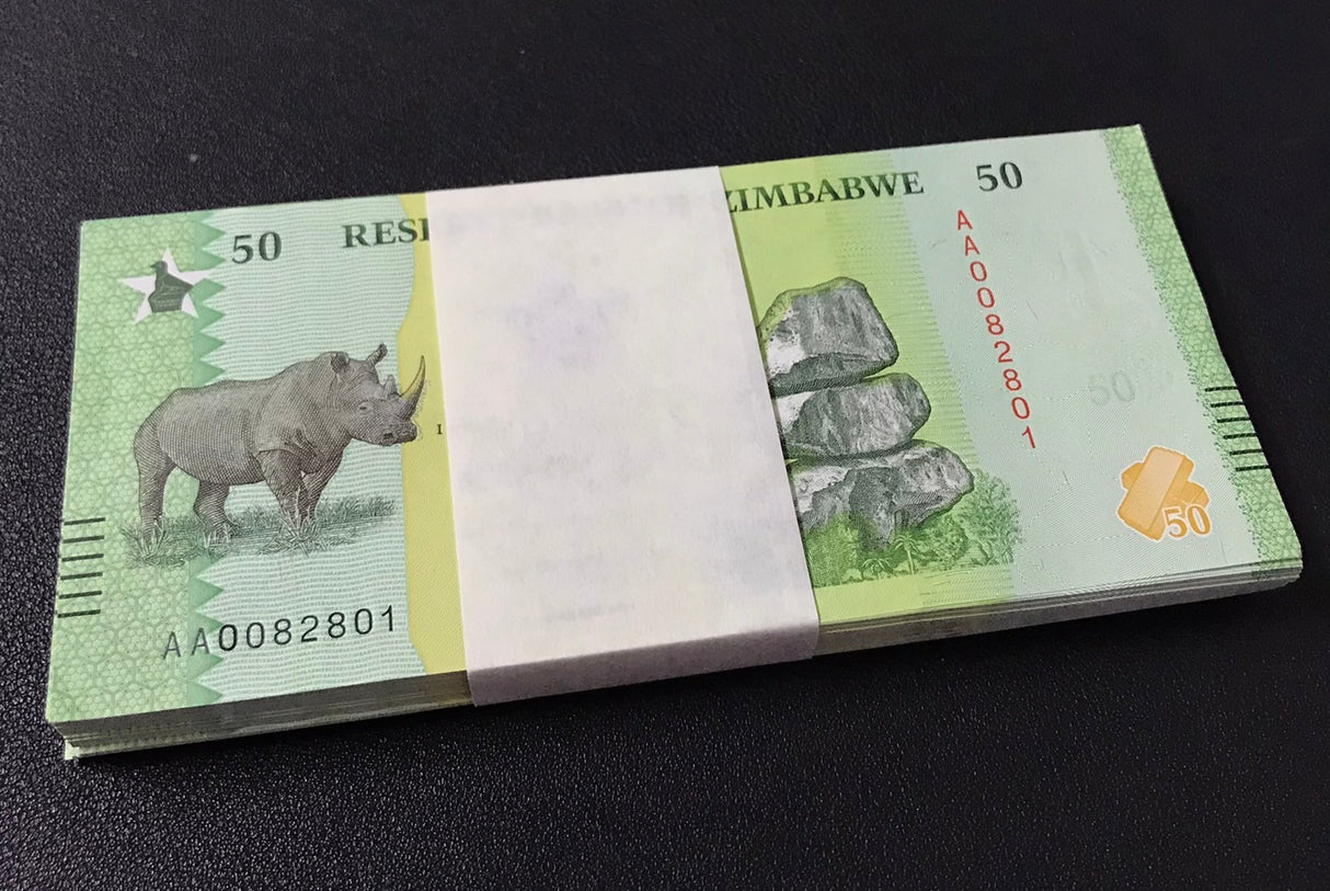 Zimbabwe 50 Zig 2026 P 117 New Design RHINO UNC LOT 100 PCS 1 Bundle