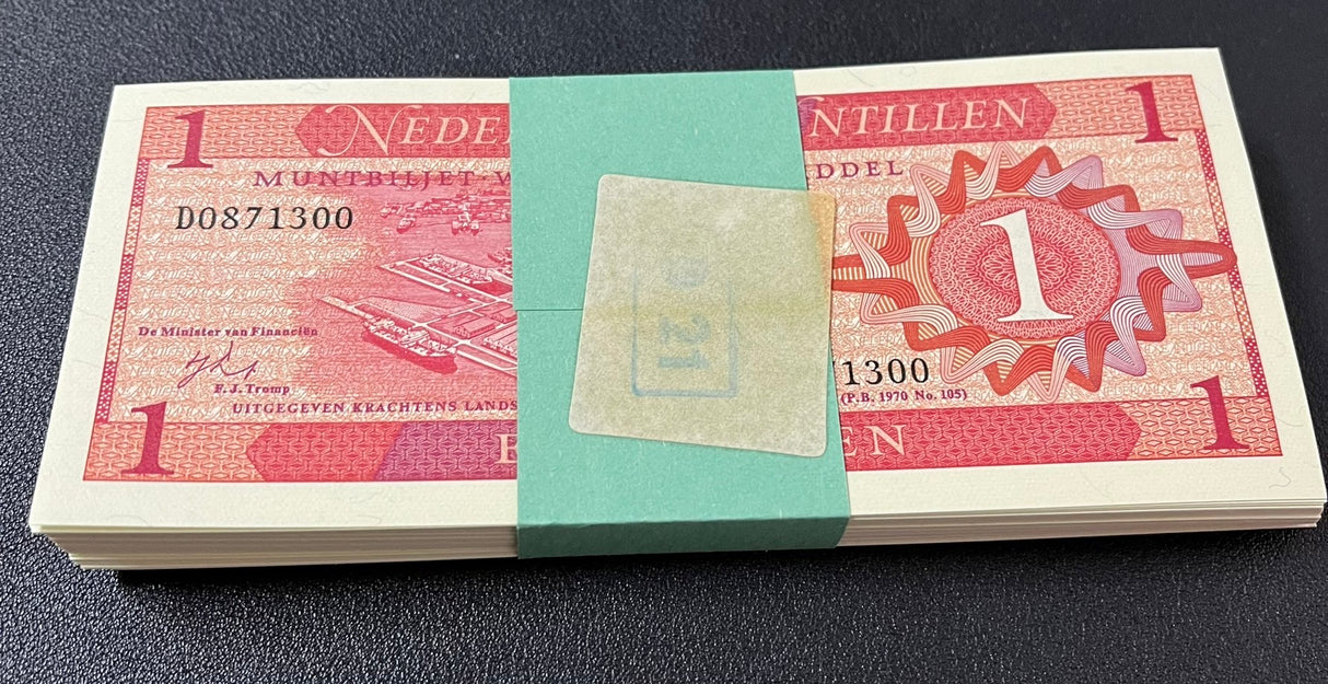 Netherlands Antilles 1 Gulden 1970 P 20 UNC Lot 100 Pcs 1 Bundle