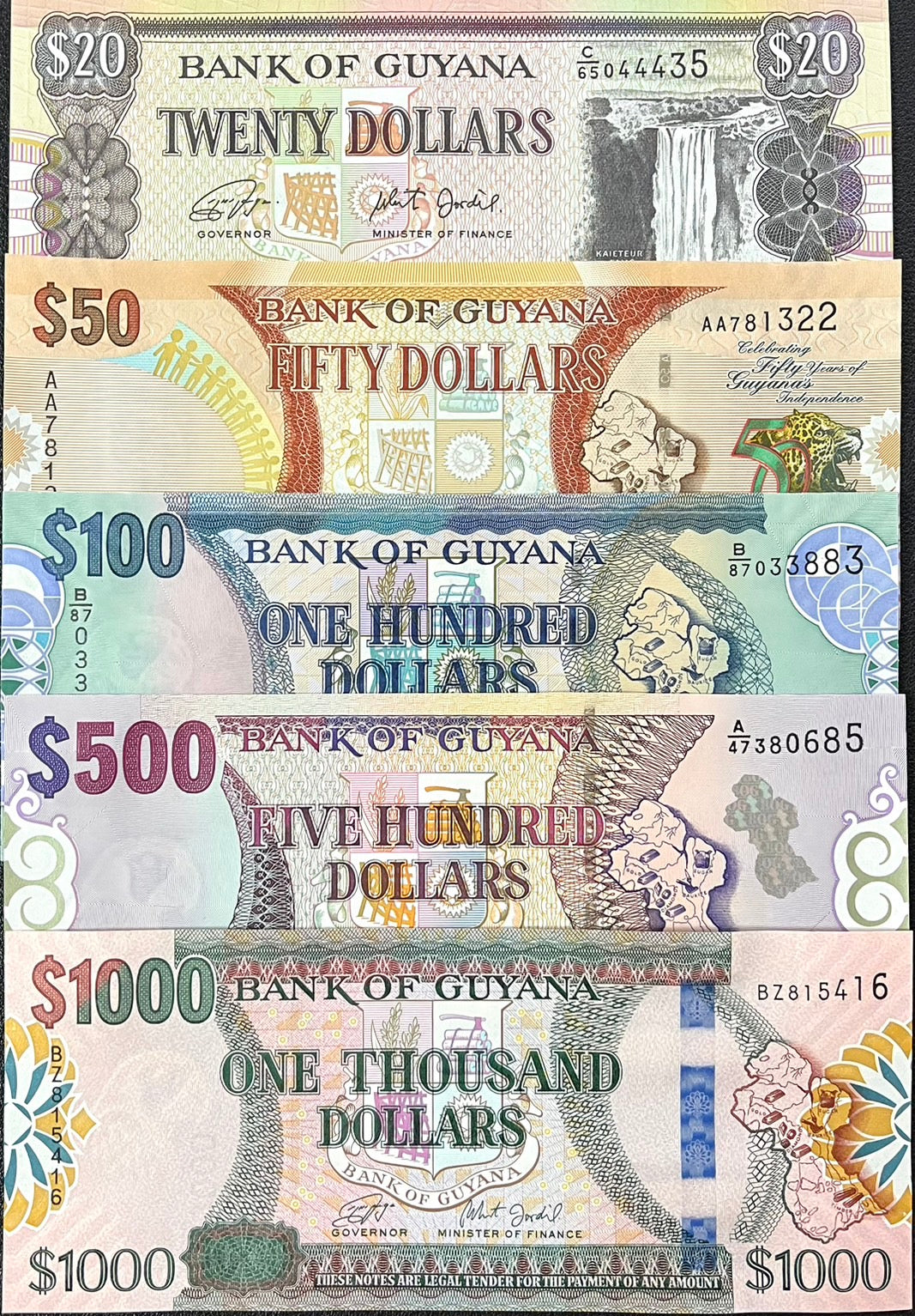 Guyana Set 5 Pcs 20 50 100 500 1000 Dollars Random Date P 30 36 37 38 P 41 UNC