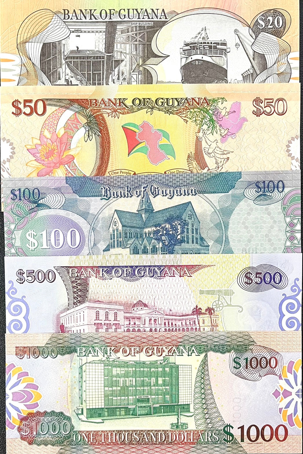 Guyana Set 5 Pcs 20 50 100 500 1000 Dollars Random Date P 30 36 37 38 P 41 UNC