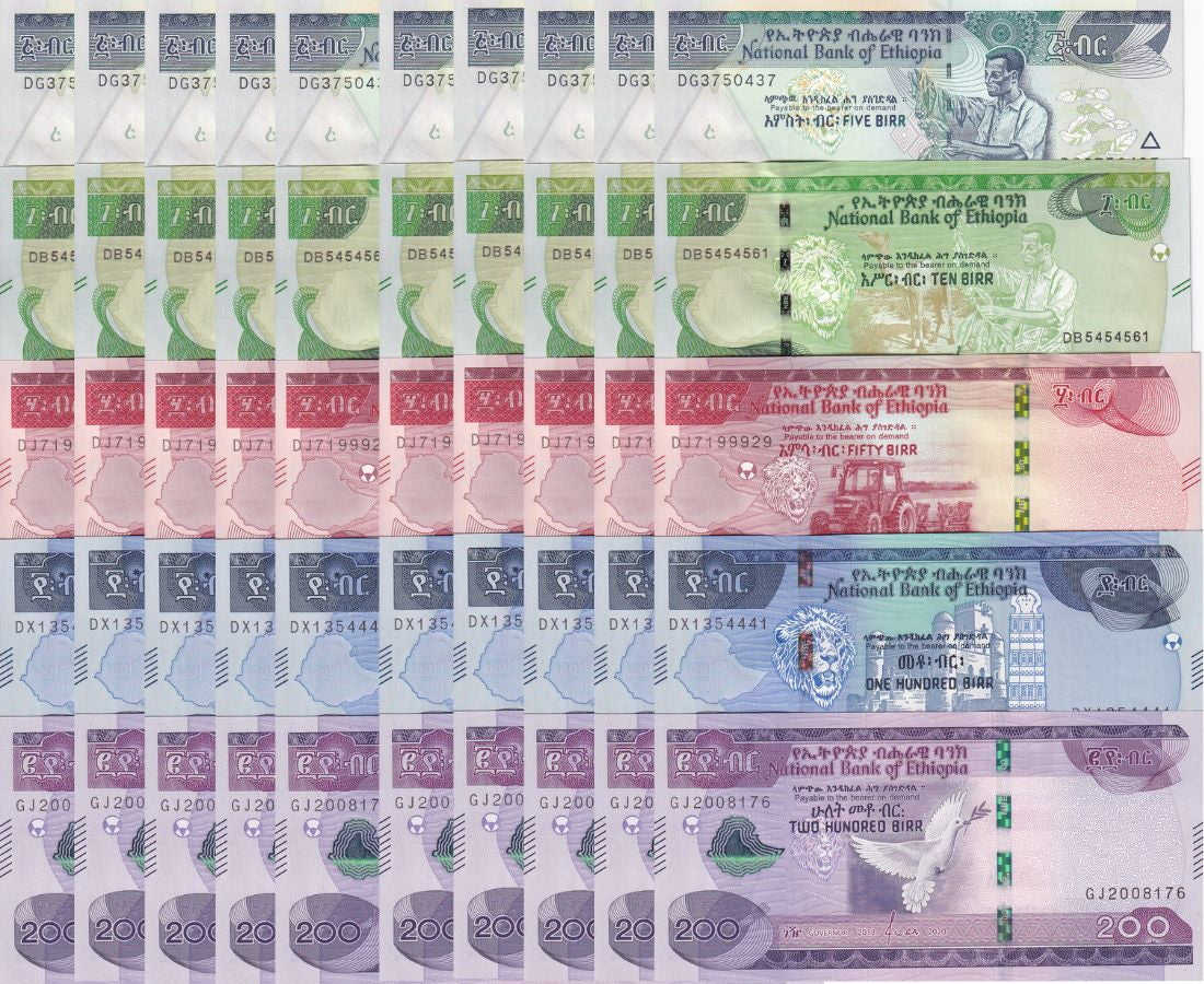 Ethiopia Set 5 x Lot 10=50 UNC 5 10 50 100 200 Birr 2012-2023 P 47 53 54 55 56