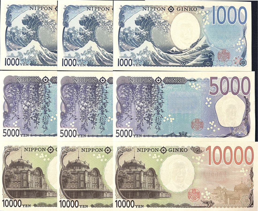 LOT 3 Sets = 9 Pcs Japan set 3 UNC 1000 5000 10000 Yen ND 2024 P 107 108 109