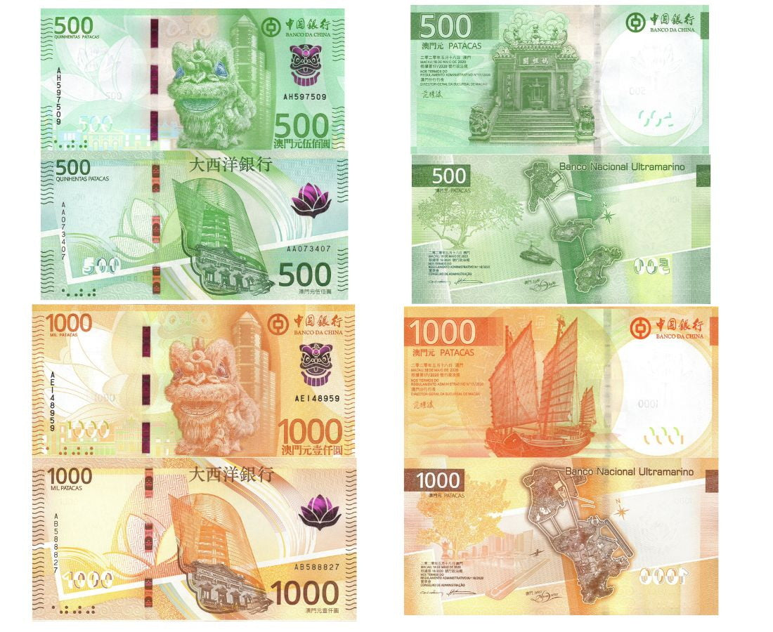 Macau set 4 UNC 500 1000 Patacas 2020 / 2026 P 94 95 133 134 BNU BOC Lion