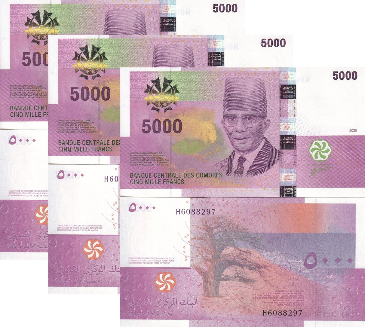 Comoros 5000 Francs 2025 / 2026 P NEW Design LOGO + ONE Sign LOT 3 UNC