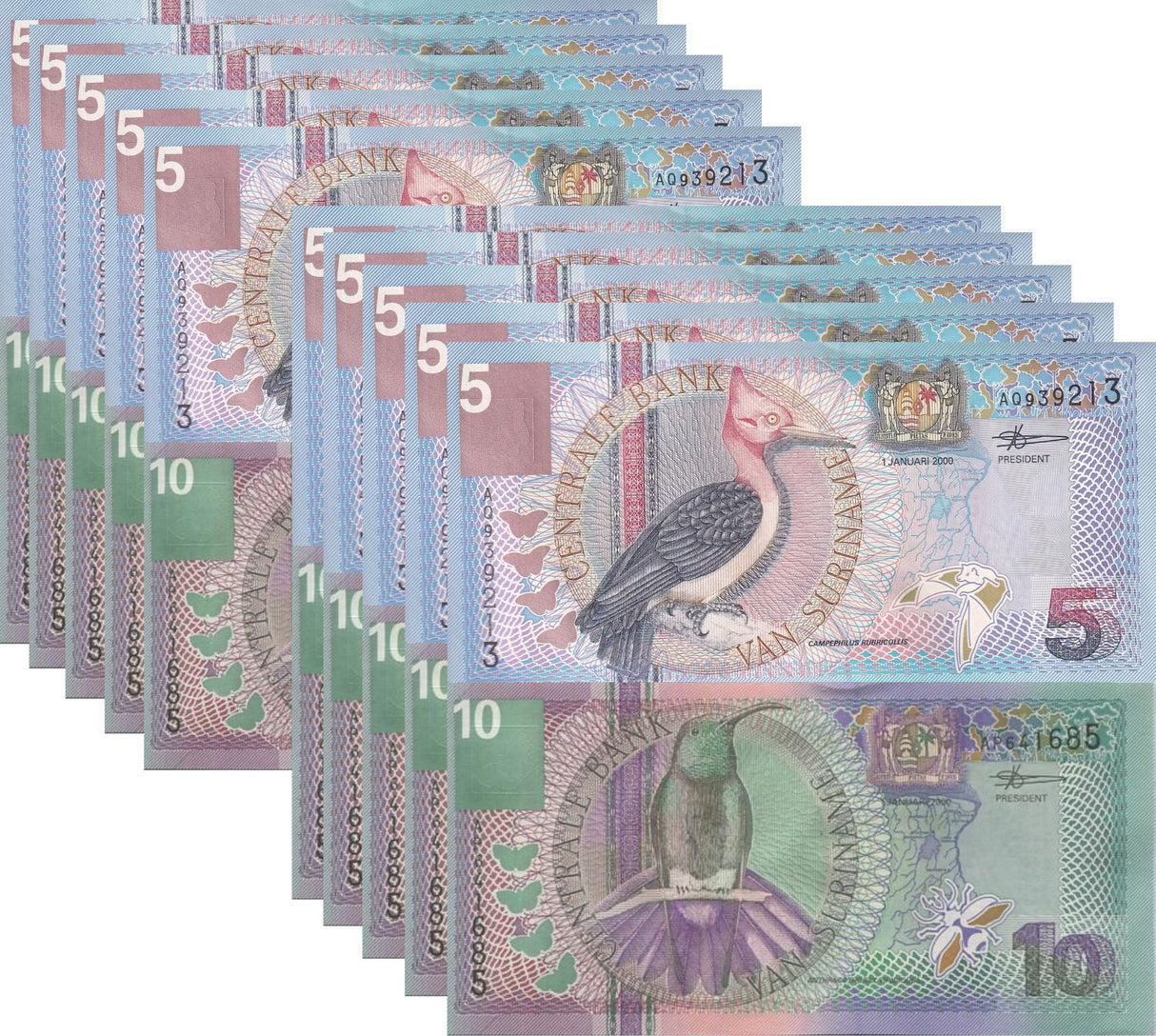 Suriname SET 2 x LOT 10 = 20 UNC 5 10 Gulden 2000 P 146 147