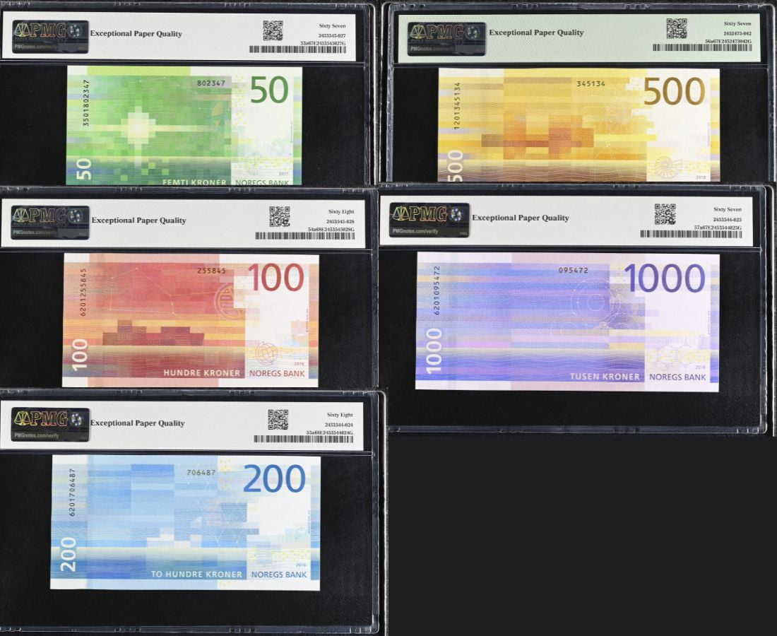 Norway Set 5; 50 100 200 500 1000 K. 2016-19 P 53-P 57 Superb UNC PMG 67 68 EPQ