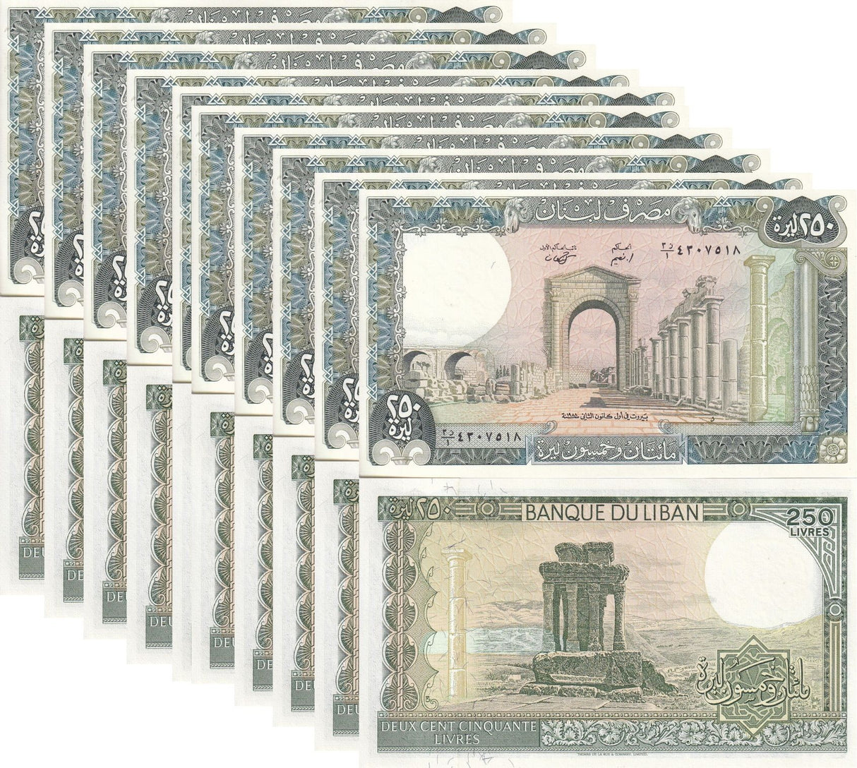 Lebanon 250 Livres 1988 P 67 e UNC LOT 10 PCS