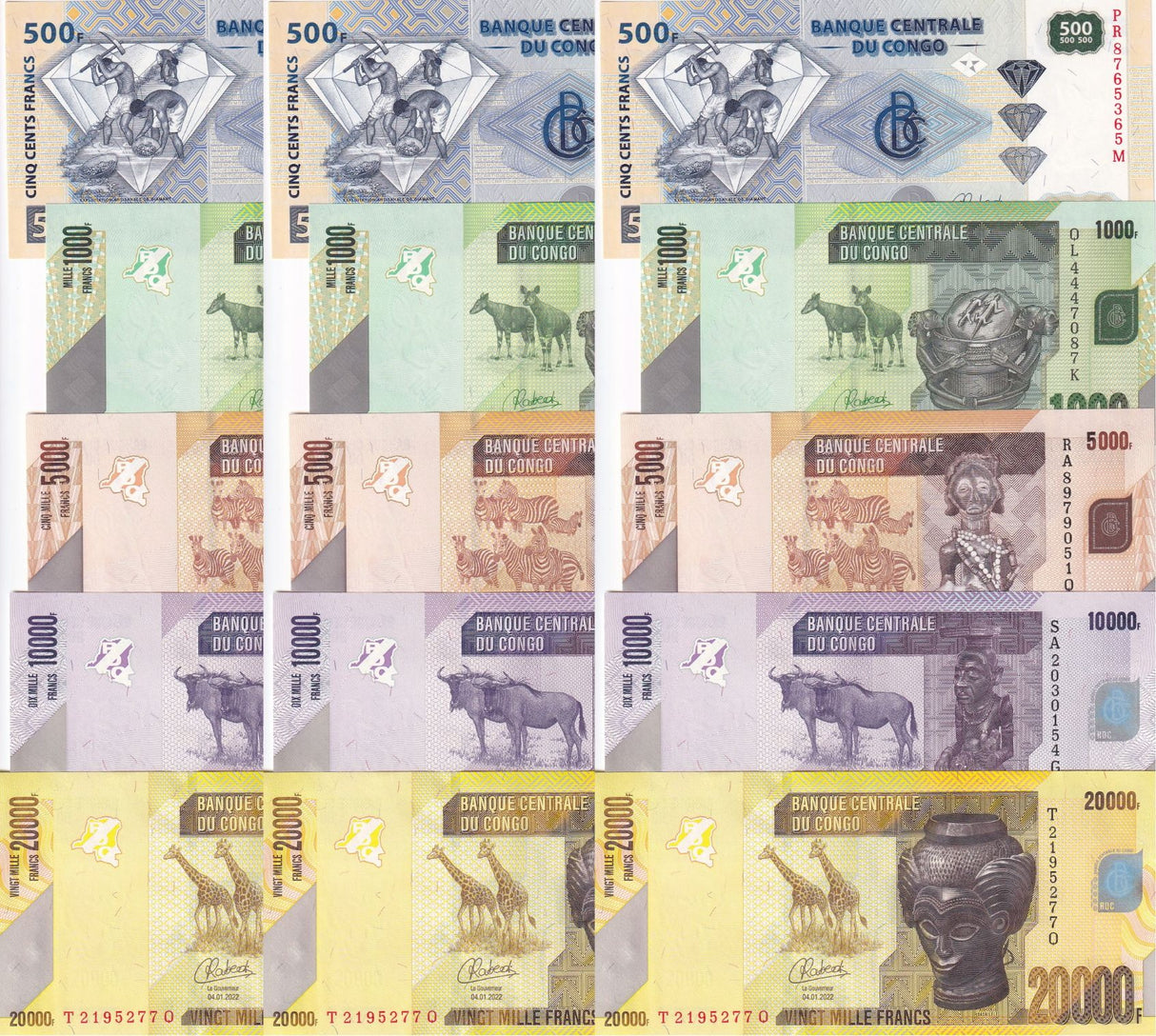 Congo SET 5 x LOT 3 =15 UNC 500 1000 5000 10000 20000 Francs 2022 P 96d 101 102 103 104 UNC