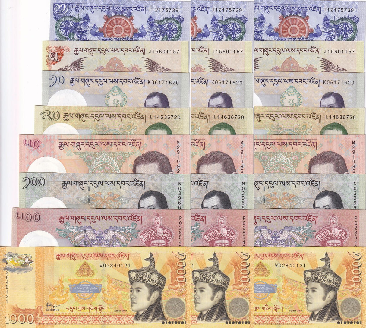 Bhutan Set 8 x Lot 3 = 24 UNC 1 5 10 20 50 100 500 1000 NG 2013-2021 P 27 -33 36