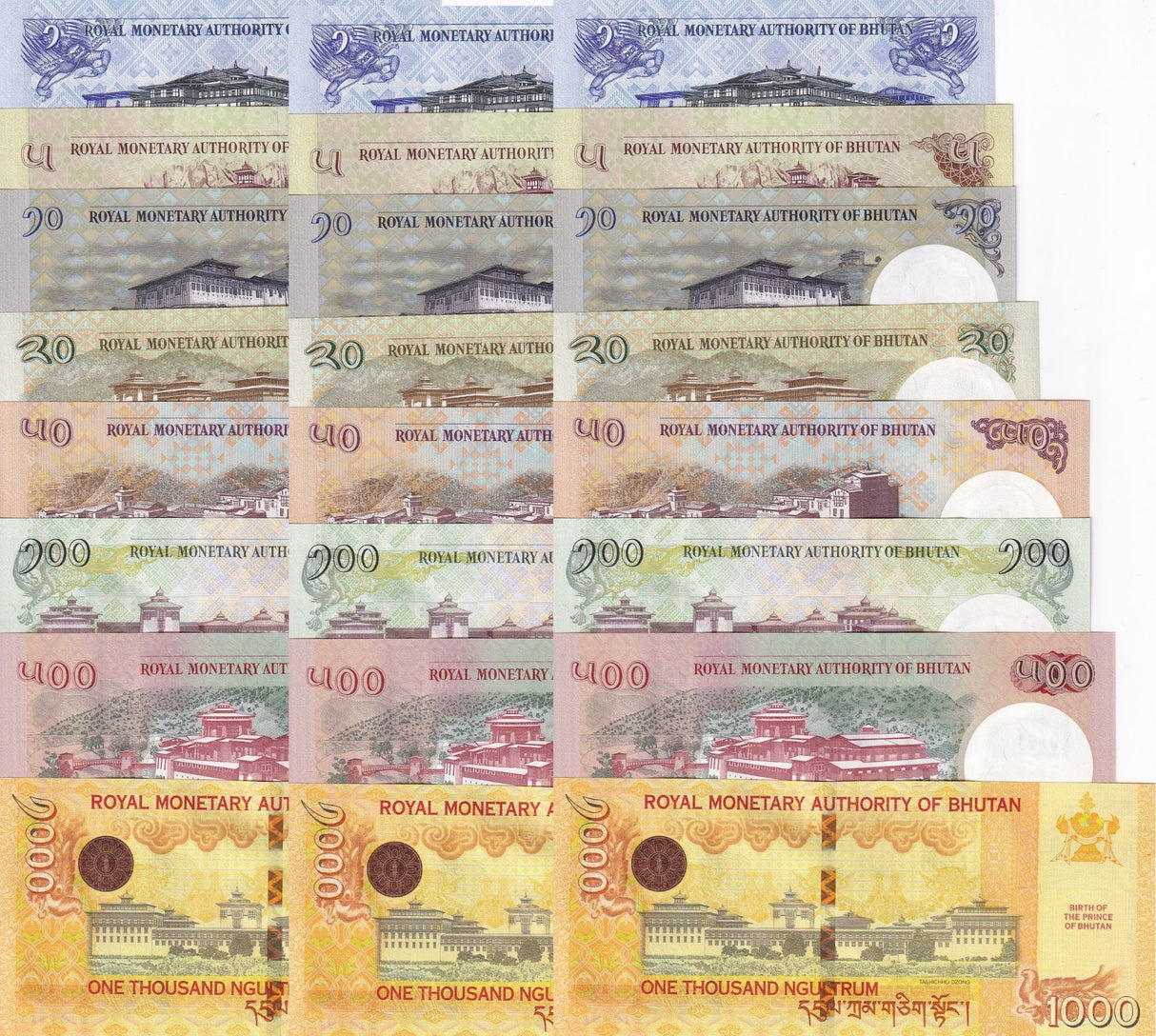 Bhutan Set 8 x Lot 3 = 24 UNC 1 5 10 20 50 100 500 1000 NG 2013-2021 P 27 -33 36