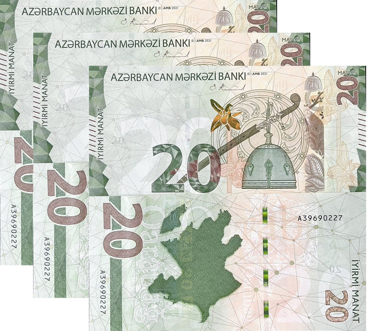 Azerbaijan 20 Manat 2021 P 41 UNC LOT 3 PCS