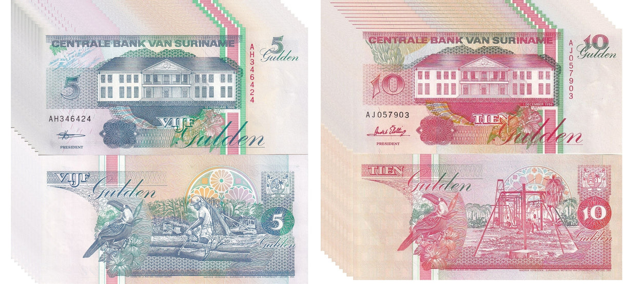 Suriname Set 2 x LOT 10 =20 UNC 5 10 Gulden Random Years P 136 137