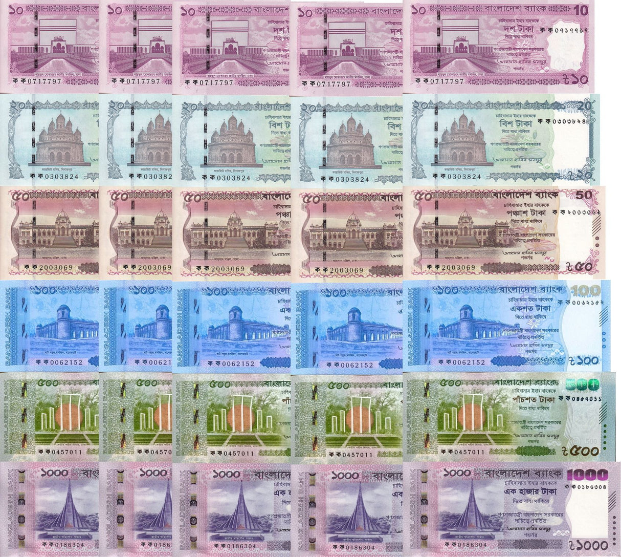 Bangladesh SET 6 x Lot 5 = 30 UNC 10 20 50 100 500 1000 Taka 2025 2026 P 76 -82