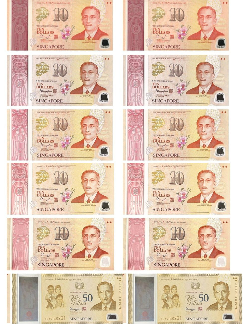 Singapore SET 6 X LOT 2=12 UNC 10 & 50 dollars 2015 Commemorative P 56-P 61