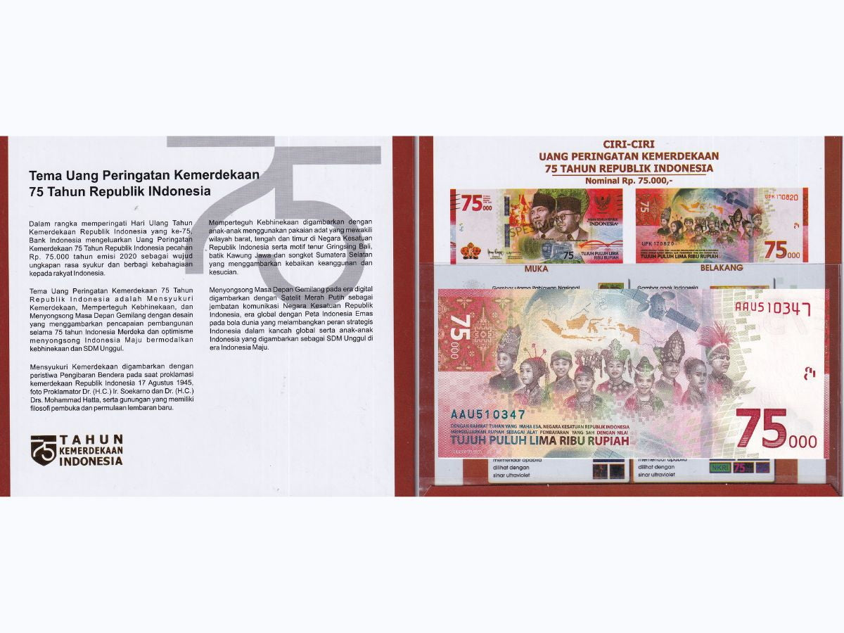 Indonesia 75000 Rupiah 2020 75th Commemorative P 161 UNC W/Folder