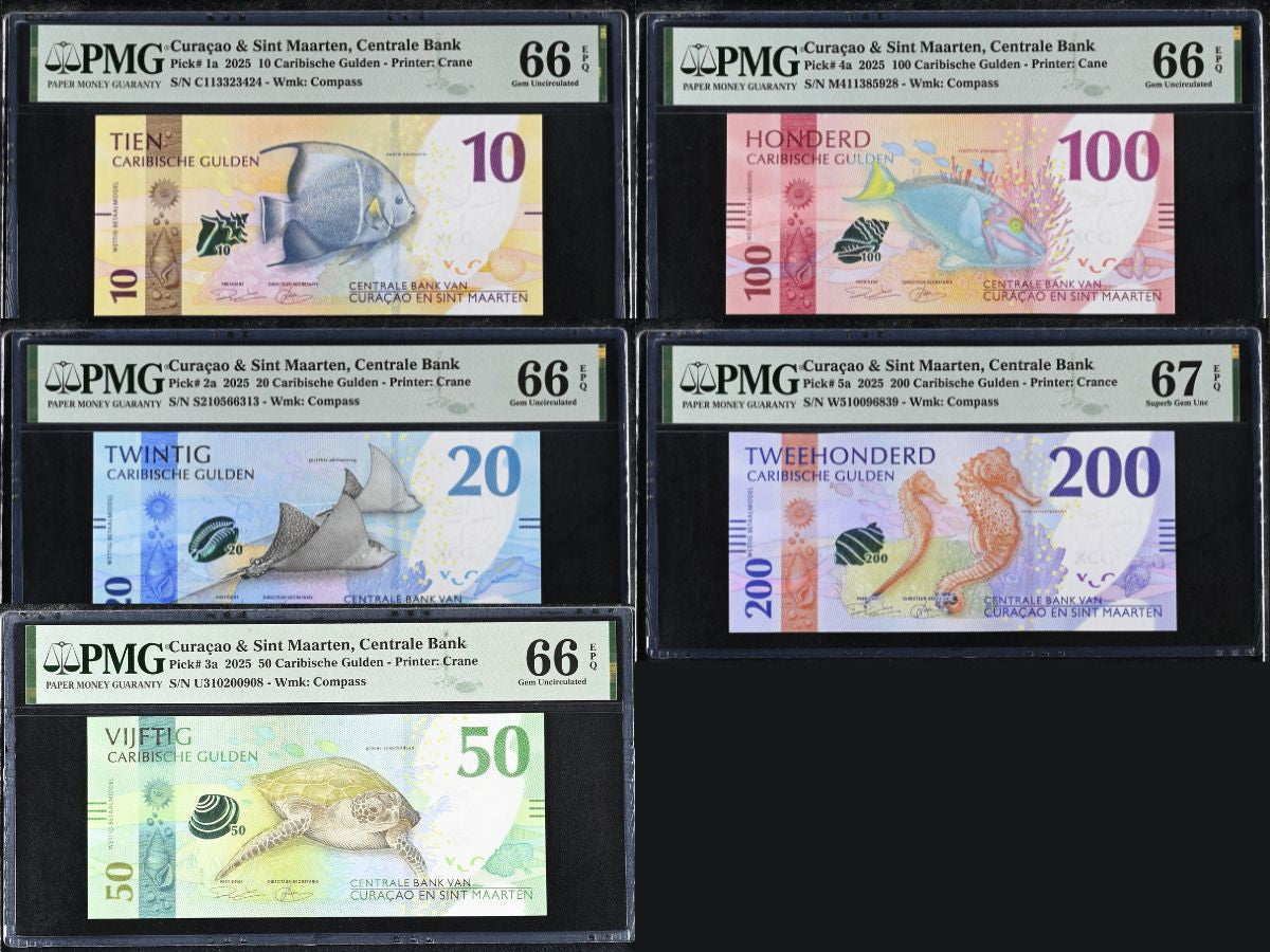 Curacao Set 5; 10 20 50 100 200 Gulden 2025 P 1 2-5 Superb Gem UNC PMG 66 67 EPQ
