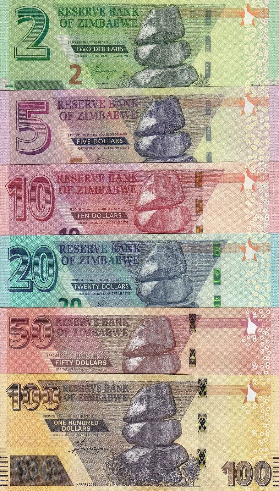 Zimbabwe Set 6 UNC 2 5 10 20 50 100 Dollars 2019 2023 P 101 102 103 104 105 106