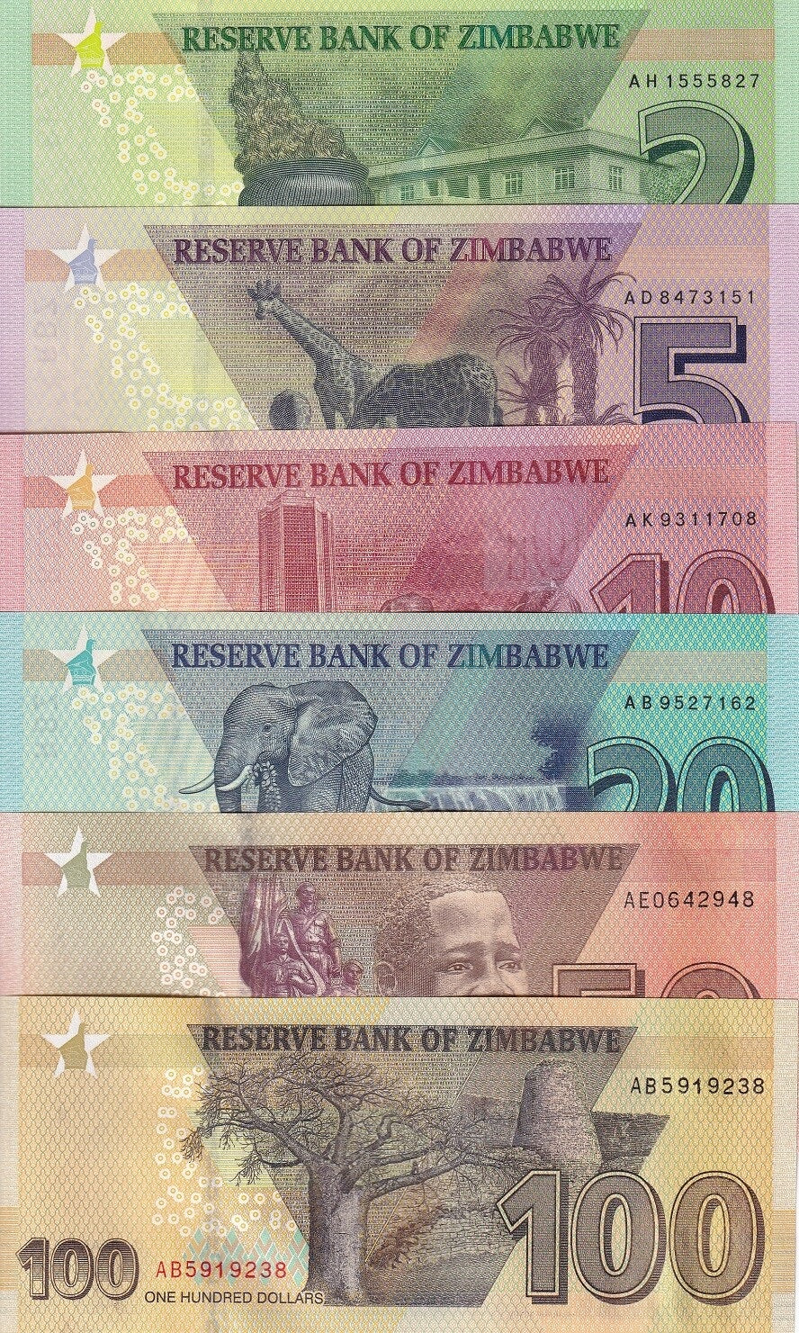 Zimbabwe Set 6 UNC 2 5 10 20 50 100 Dollars 2019 2023 P 101 102 103 104 105 106