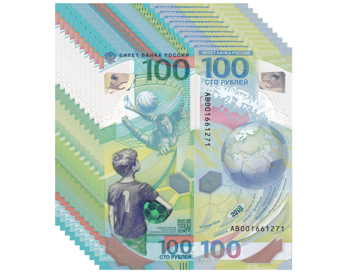 Russia 100 Rubles 2018 FIFA Football Comm. Polymer P 280 UNC LOT 10 PCS