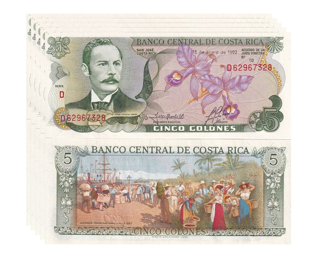 Costa Rica 5 Colones 1992 P 236 e UNC LOT 5 PCS