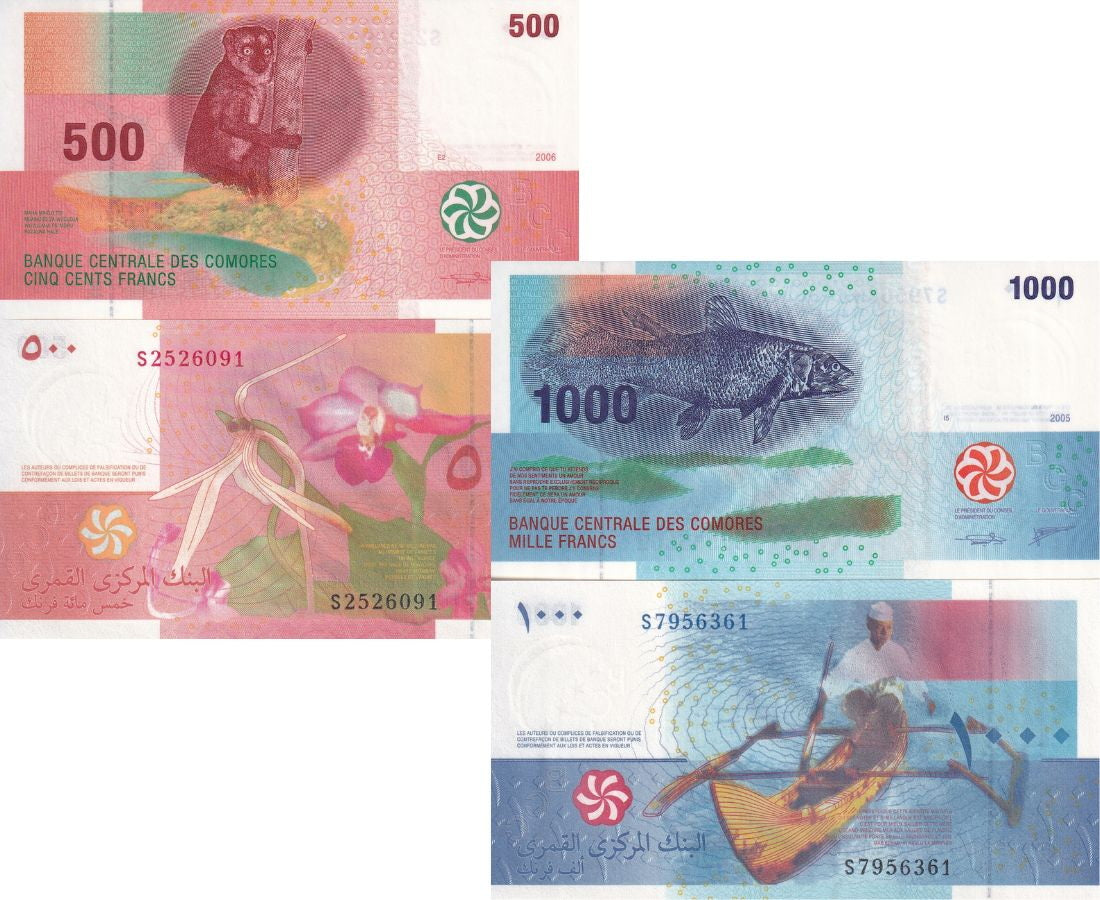 Comoros Set 2 PCS 500 1000 Francs 2006/2020 P 15 P 16 UNC