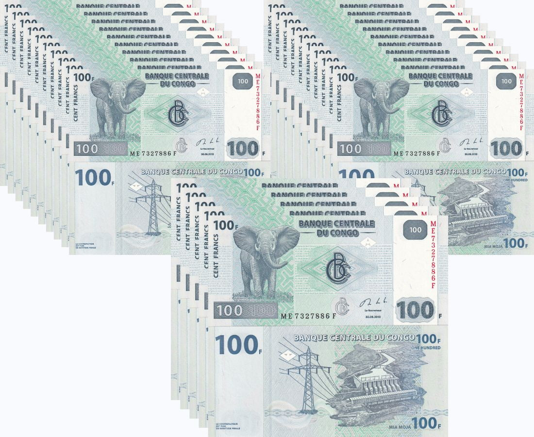 CONGO 100 FRANCS 2013 P 98 UNC Lot 25 Pcs 1/4 Bundle