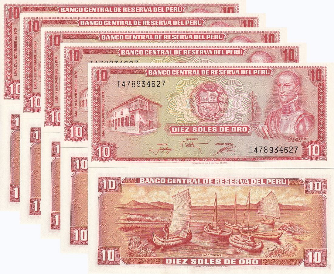 PERU 10 SULES DE ORO 1976 P 112 UNC LOT 5 PCS