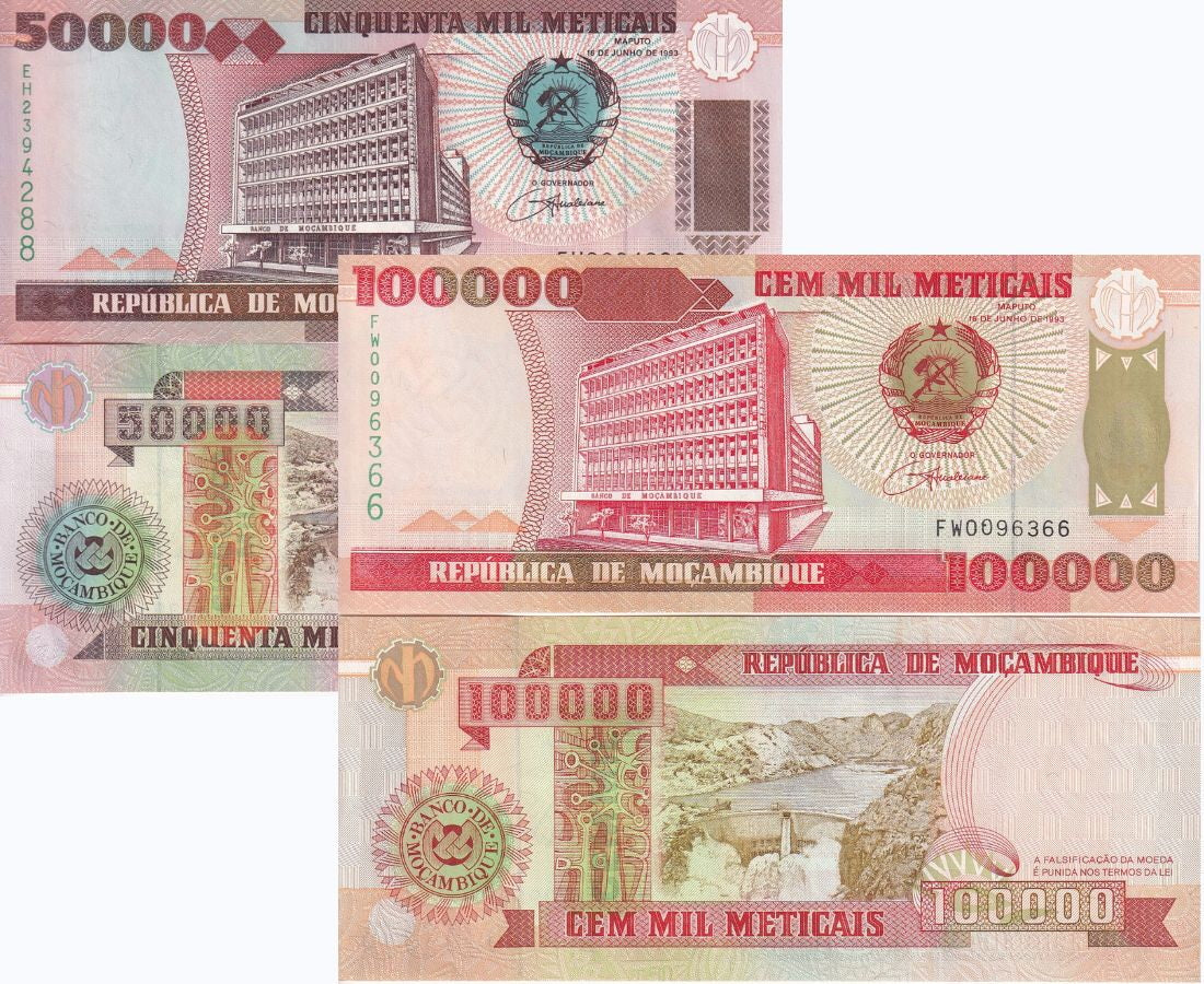 Mozambique SET 2 PCS 50,000 100,000 METICAIS 1993 P 138 139 UNC