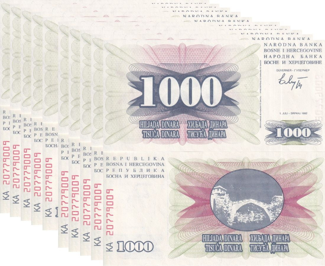 Bosnia 1000 Dinara 1992 P 15 UNC LOT 10 PCS
