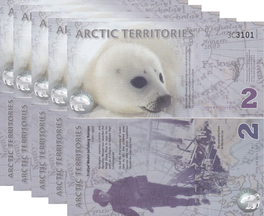 Arctic Territories 2 Dollar 2010 Polymer Polar Seal LOT 5 PCS