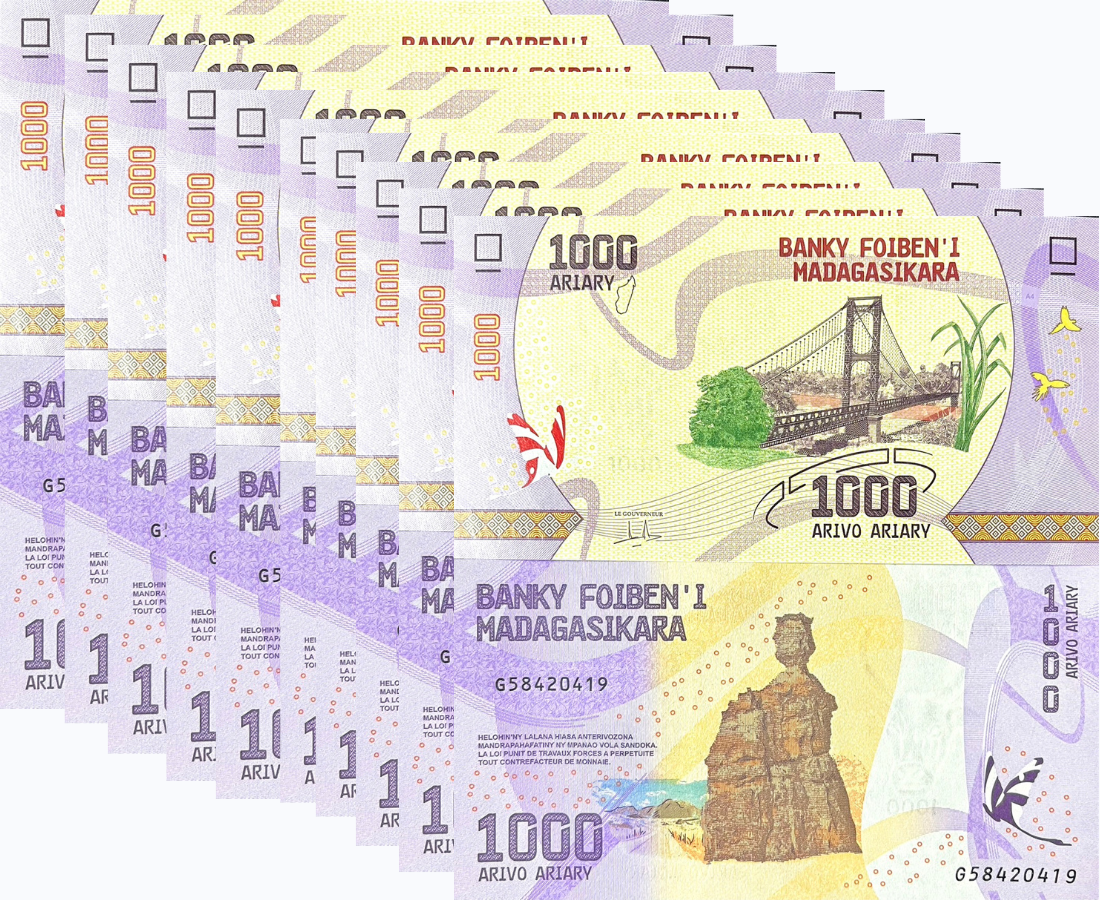 Madagascar 1000 Ariary 2017 P 100 UNC LOT 10 PCS
