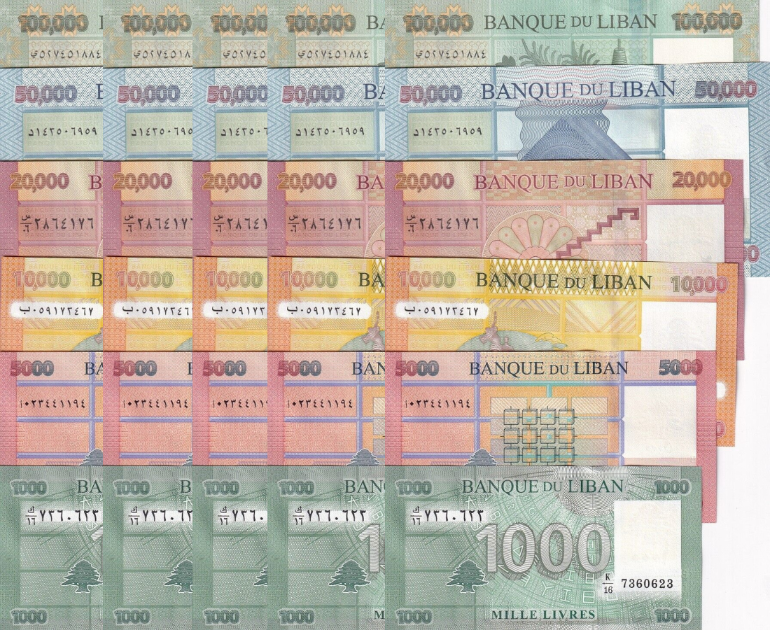 Lebanon Set 6 1000-100000 Livres 2016-2023 P 90 91 92 93-105 LOT 5 SET 30 UNC