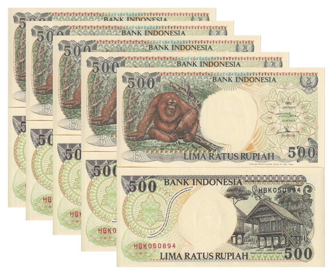 Indonesia 500 Rupiah 1992/1992 FIRST DATE P 128 UNC LOT 5 PCS