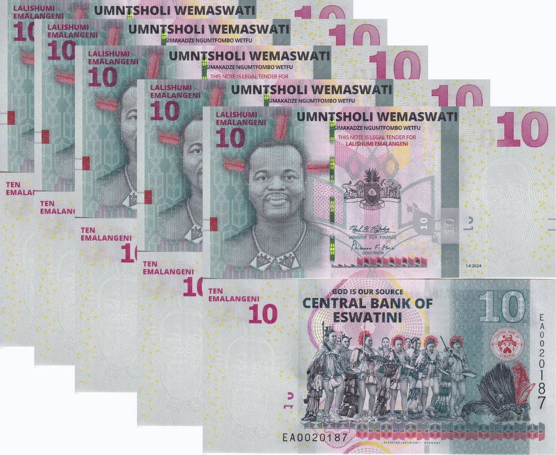 Eswatini 10 Emalangeni Swaziland 2024 P NEW Design UNC LOT 5 PCS