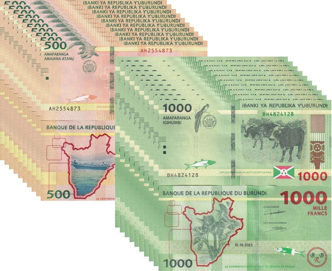 Burundi SET 2 UNC 500 1000 Francs 2023 P 50 P 51 UNC LOT 10 Sets = 20 PCS